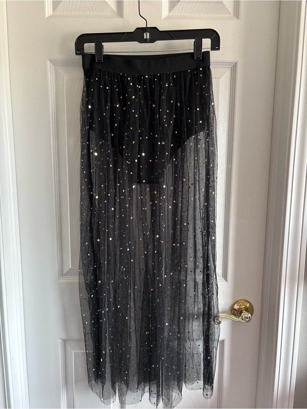 Women’s Black Mesh Rave Skirt with Gold Star Sequins